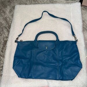 Longchamp Teal Blue Leather Tote with Removable Strap